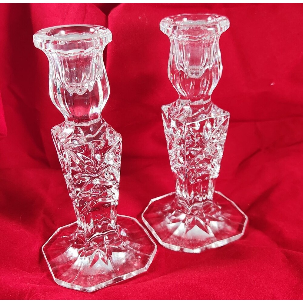 Vintage Cut Lead Crystal Candle Stick Holders Star Pattern 6”
